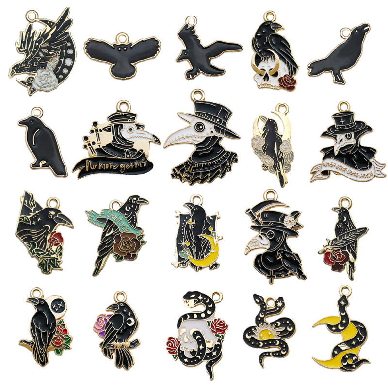 Cross-Border Popular Items: Skull, Crow, Bird, Dark Style DIY Enamel Accessories, Bracelet, Keychain, Pendant, Charm