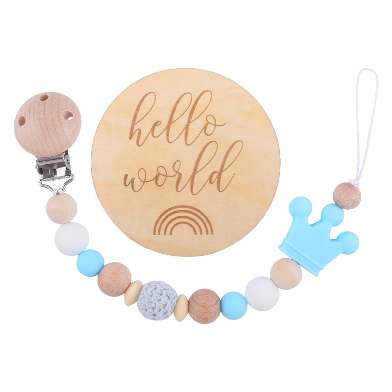 Nuevo bebé haya chupete clip de madera patrón hito tarjeta chupete cadena conjunto de dos piezas