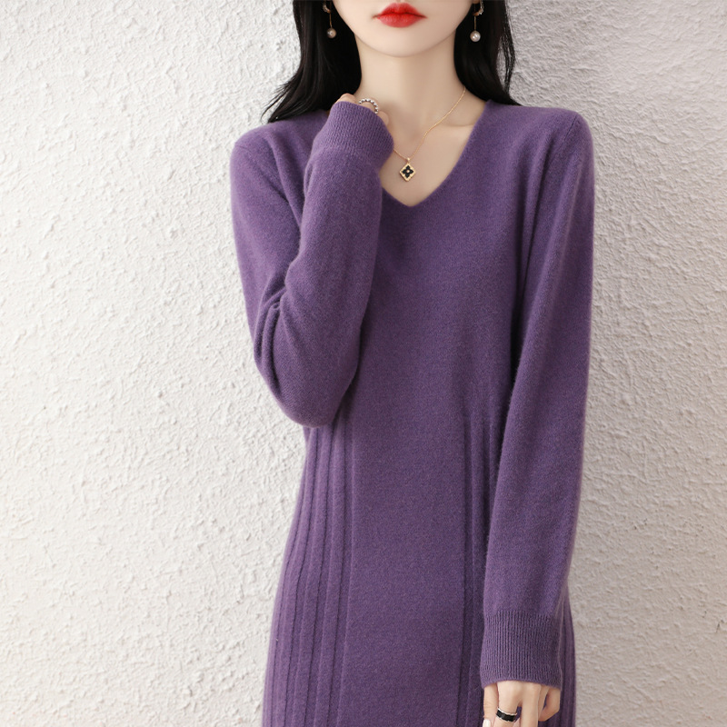 V-Neck 100 Pure Wool Dress Women's Slim-Fit Knitted dress Over-the-Knee Long Dress Extra Long Hip Bodycon Sweater Dress