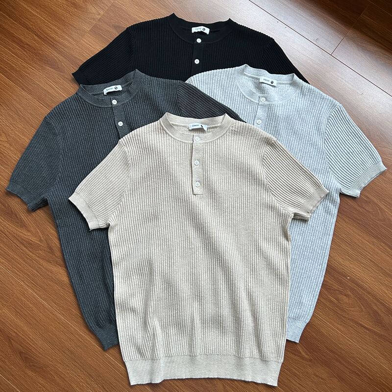 Clearance Sale, No Returns or Exchanges: Half-Button Henley Collar Fitted T-Shirt, Solid Color Ribbed Knit Short-Sleeve Top, Regular Shoulder Tee Clearance Sale, No Returns or Exchanges: Half-Button Henley Collar Fitted T-Shirt, Solid Color Ribbed Knit Short-Sleeve Top, Regular Shoulder Tee