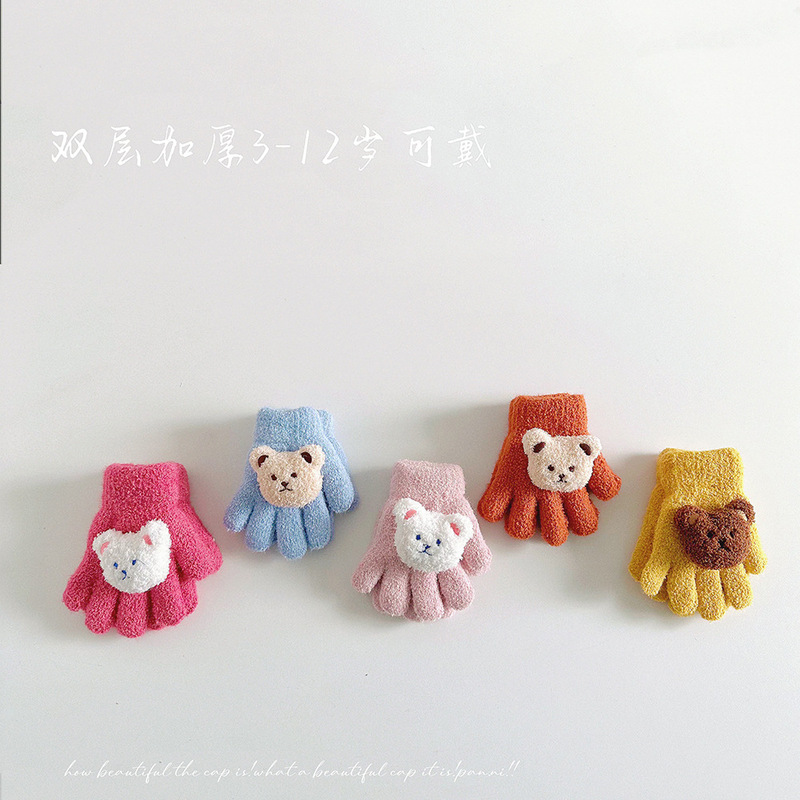 二重の厚い厚いかわいい熊の手袋の冬のベルベットの5本の指の手袋の子供の漫画の保温の赤ちゃんの手袋|undefined