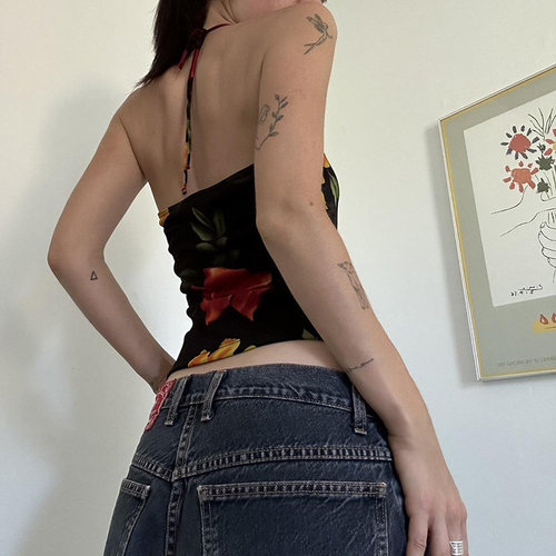 Women's V-Neck Top with Unconventional Design, Spring and Summer, High-End, Shoulder Strap, Fitted, Floral Print, French Retro Style