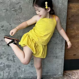 韩版童装女童夏套装2026新款儿童甜美超好看休闲黄色吊带波点短裤