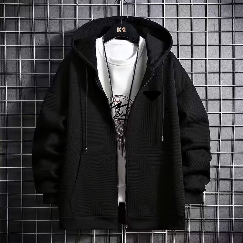 ​​Men's Textured Triangle Hooded Jacket – Lightweight Sweatshirt Style, Loose Fit, Black & Grey (M-5XL)​​_viptrois.com