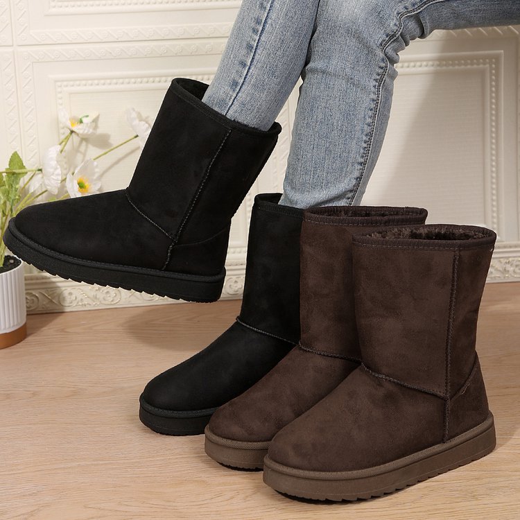 Botas de nieve para mujer, nuevo estilo de otoño e invierno, manga corta de felpa artificial, cabeza redonda, suela plana, parte superior media_voghion.com