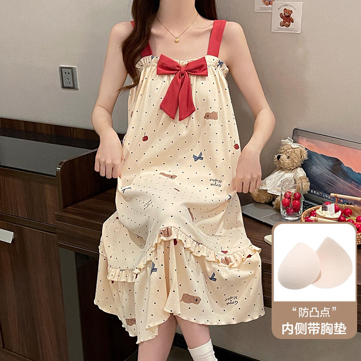 女性用夏パジャマ、胸パッド付きサスペンダースカート、ノースリーブ、ブラジャーなし、ホーム服、学生女の子、甘くてかわいい、薄い|undefined