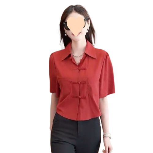 Women's Summer 2025 Retro Chiffon Shirt with National Style Buttoned Collar, Bubble Sleeve Short Top, Plain Color European Style