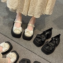 日系厚底玛丽珍鞋女2024年新款夏季珍珠蝴蝶结法式高跟小皮鞋单鞋