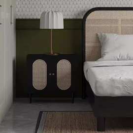 北欧复古藤编床民宿酒店样板房实木床侘寂风创意设计师轻奢双人床