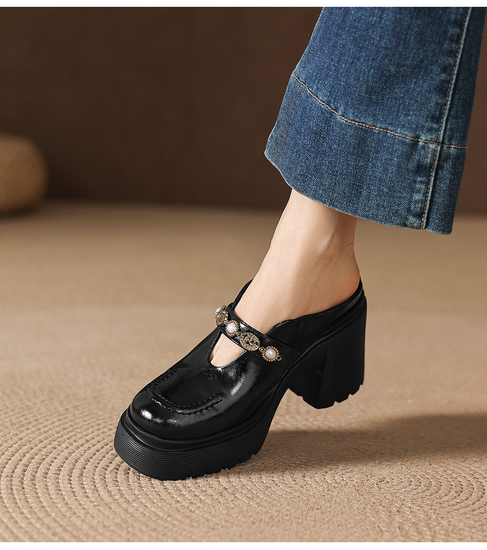Mule nữ da bò bít mũi đế dày gót cao 9 cm khóa kim loại — màu đen, màu trắng ngà chi tiết 15
