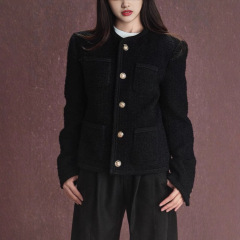 avenemen/金属扣小香/重工感羊毛编织粗花呢夹棉外套上衣女