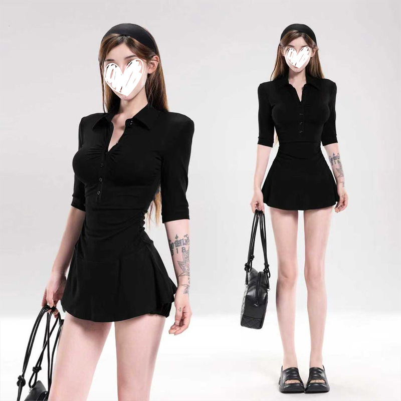 Korean Style Hot Girl Style Black Waist-Cinching Shirt Dress for Women, Summer Polo Collar Slim Fit Mid-Sleeve Bodycon Short Dress Korean Style Hot Girl Style Black Waist-Cinching Shirt Dress for Women, Summer Polo Collar Slim Fit Mid-Sleeve Bodycon Short Dress