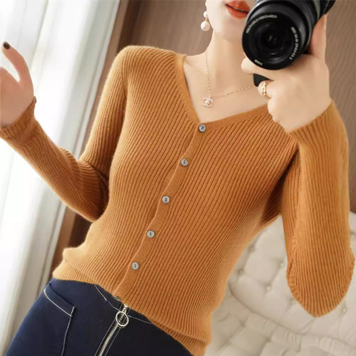 Women's Short V-Neck Cardigan Knit Sweater for Autumn/Winter, Outerwear, Fitted, Drawstring Long-Sleeve Cardigan