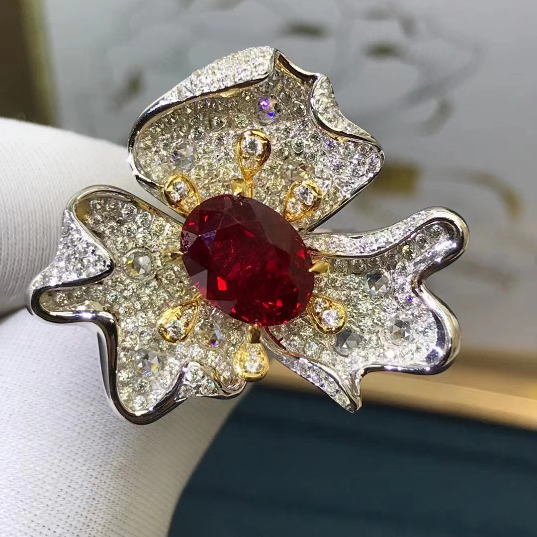 TikTok Live cross-border Venta caliente material de plata gruesa Anillo de Arte de corte ovalado artificial de corte Ruby Rose