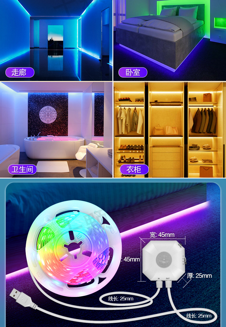 Grenzüberschreitender Spot KESHU farbige Bluetooth-App Körpersensor Nachttischlampe USB5V5050 mit Schlafzimmersensor