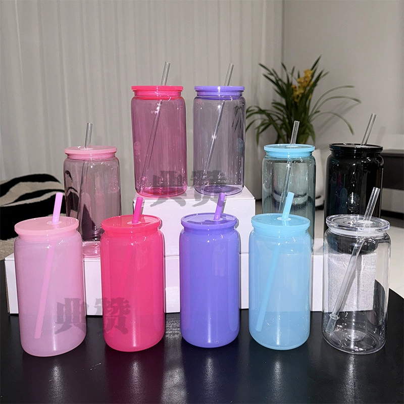 Colorful matte gradient plastic cup 16oz plastic mason cup drop resistant cola cup mason cup double layer plastic