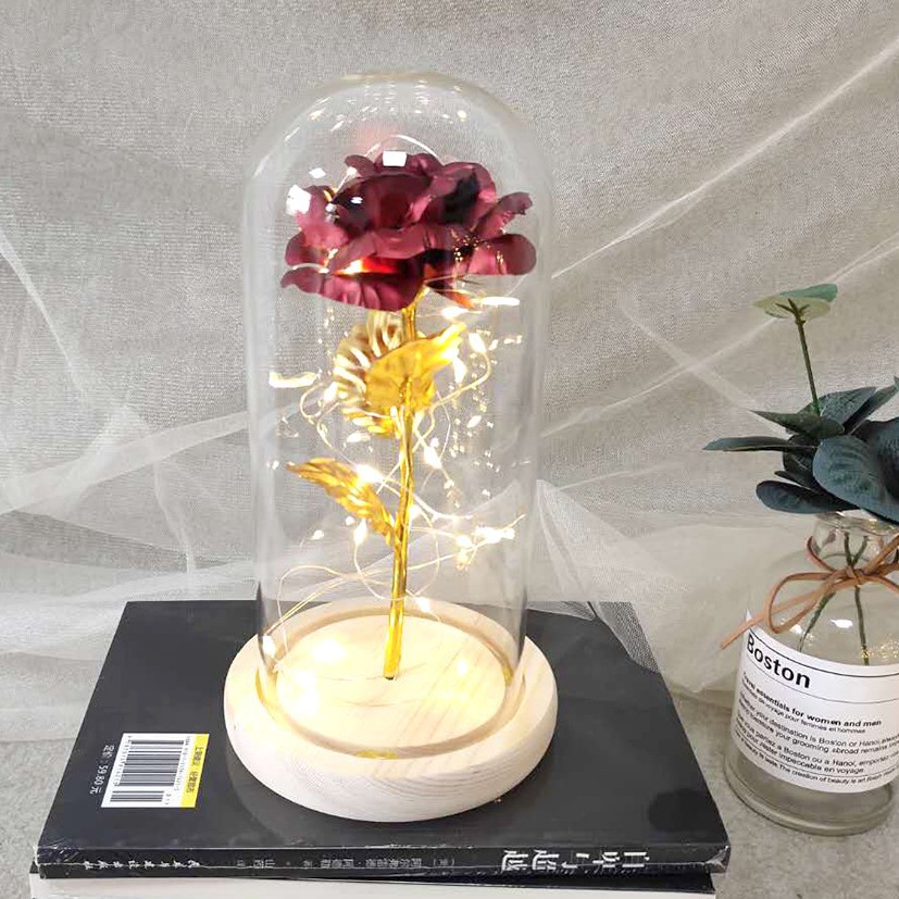 Lámpara de oro, flor de rosa, pantalla de vidrio, día de la madre, Navidad, día de San Valentín, regalo de cumpleaños, decoración de novia, simulación transfronteriza