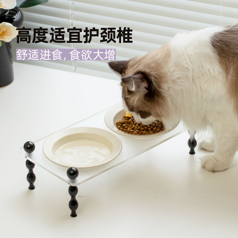 Tazón para gatos de cerámica francesa Tazón para mascotas Pies altos Tazón de comida para gatos anti-volcado de gran capacidad Cuenco de agua cervical Tazón doble Tazón para perros