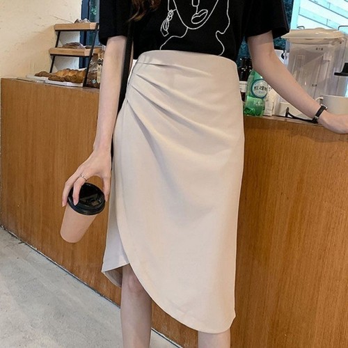 Women's Summer High-Waisted Tall Slimming A-Line Mini Skirt Sexy Medium Length Pleated Asymmetrical One-Step Skirt
