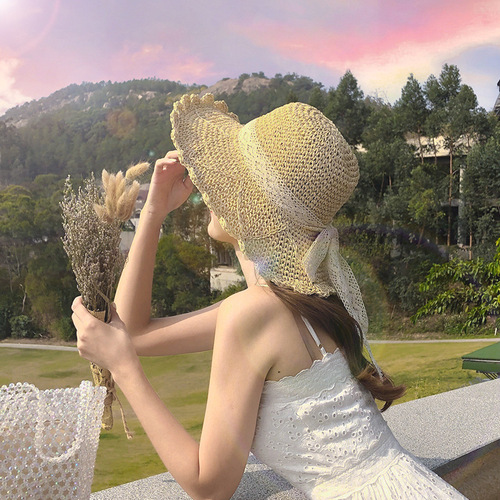 Ladies' Boho Chic Japanese Style Versatile Lace Strap Butterfly Knot Cap for Summer Outing Wide Brim Beach Sun Hat
