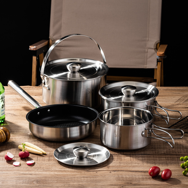 Utensilios de cocina plegables de acero inoxidable 304 para exteriores, juego de anidación, camping, picnic, decocción, olla al aire libre integrada, suministros portátiles