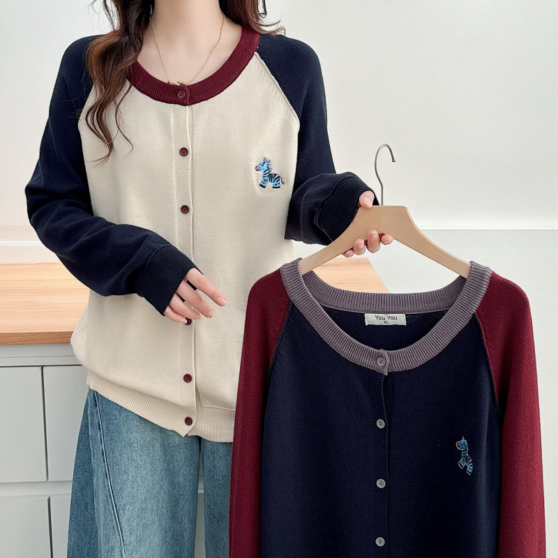 Plus Size Women's Age-Reducing College Style Color Block Round Neck Knitted Cardigan Autumn Cartoon Embroidered Sweater Coat 425030