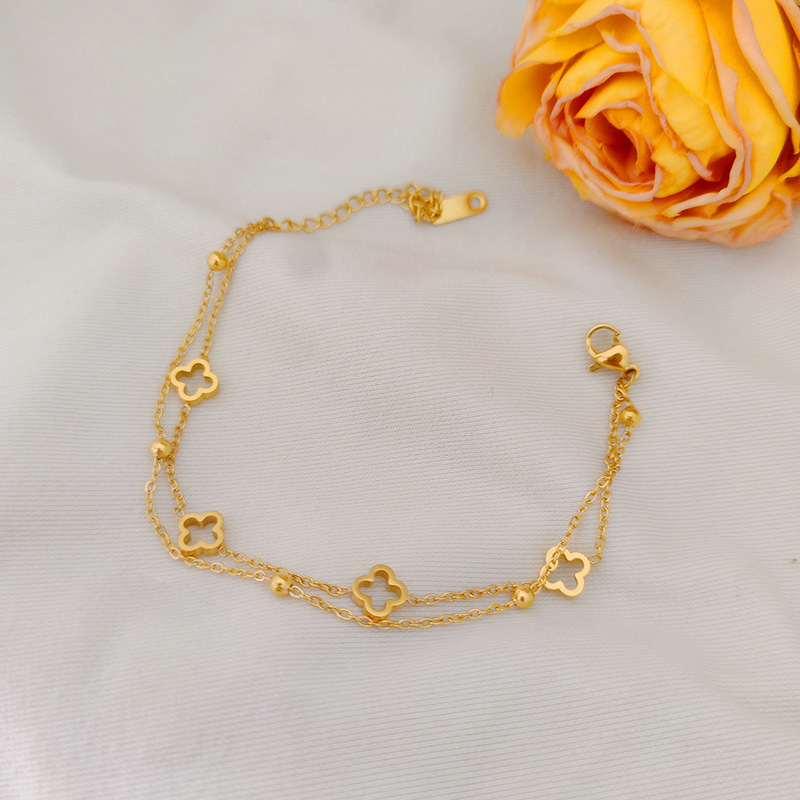 [full-body titanium steel] hollowed-out four-leaf clover double-layer stacked wear niche bracelet does not fade girls girlfriends jewelry simple