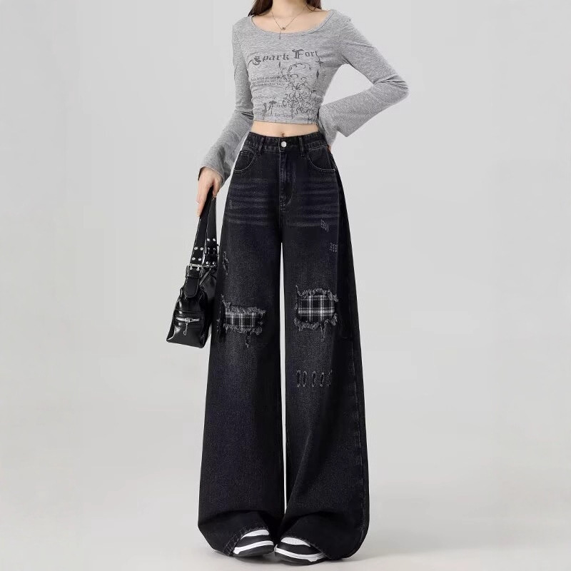 Plus-Size American Vibe High Street Patchwork Ripped Jeans for Women, Large Size, Autumn Street Fashion, Loose Wide-Leg Pants