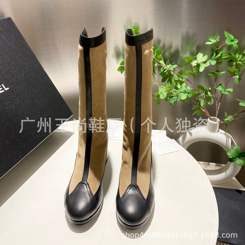 小香风时尚帅气骑士靴2025新款真皮法式粗跟靴拼接绒面复古高筒靴|undefined