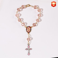 跨境婴儿洗礼粉色水晶念珠十字架手链圣餐婚礼回礼手指链派对礼物