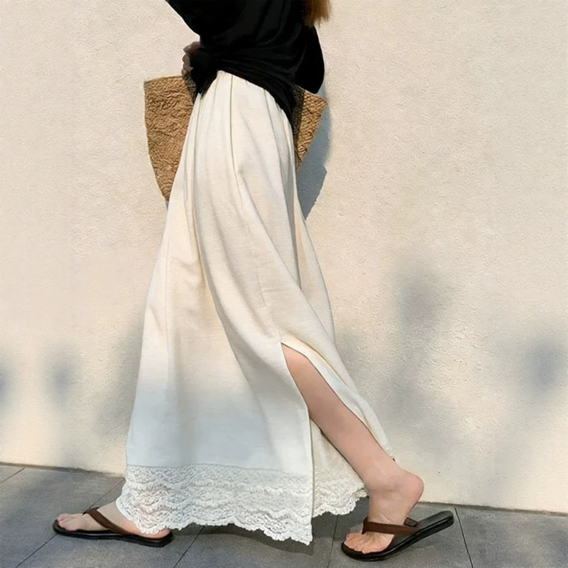 Absolutely Stunning and Beautiful A-Line Long Skirt with High Waist, Elegant White Lace Splicing, and Slit Design for Women, Summer 2026