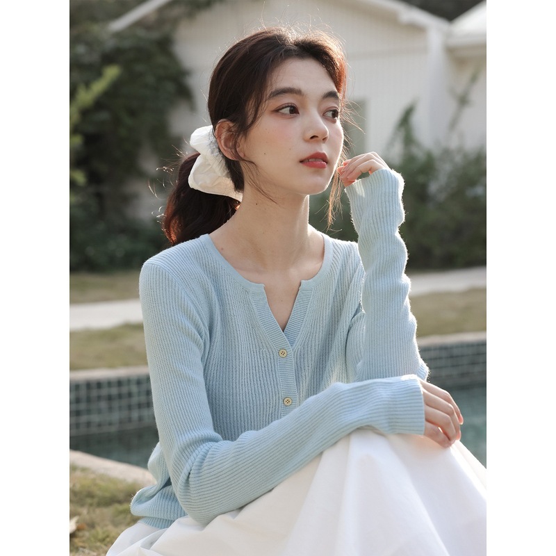 海的复调/显瘦竖条纹 针织开衫女蓝长袖毛衣漂亮上衣薄外套穿搭秋|undefined