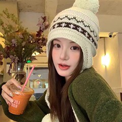 毛球针织毛线帽子复古女秋冬季韩系加厚防寒保暖护耳显脸小雷锋帽