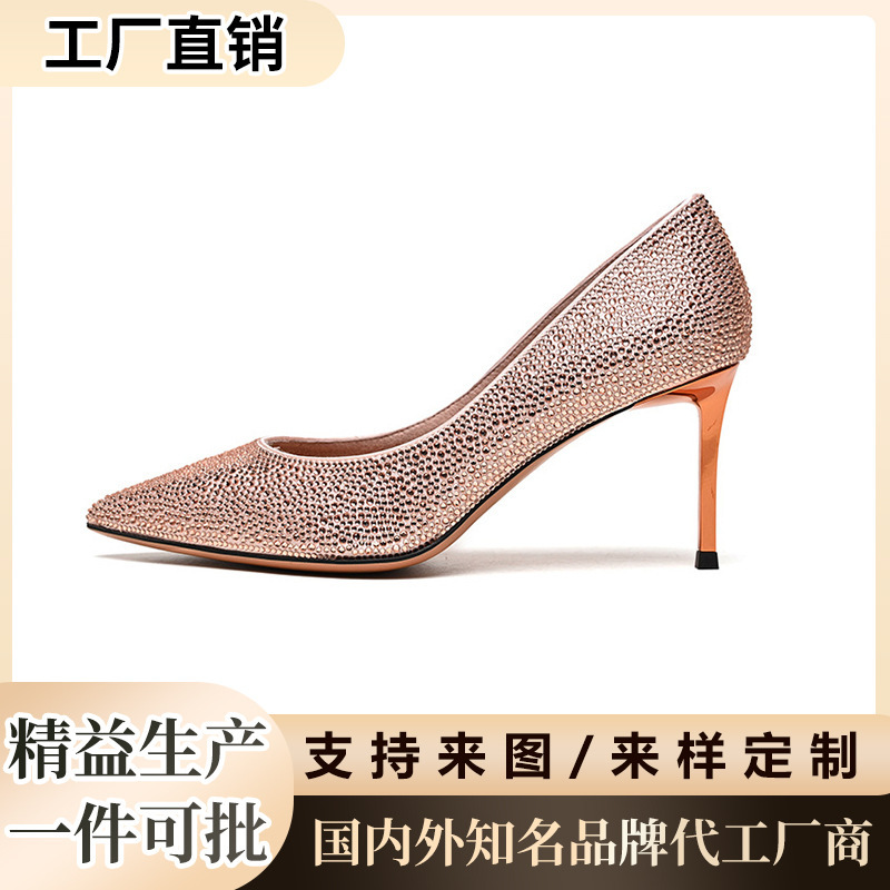 Spring New Style Genuine Leather Pointed-Toe Bridal High Heels Versatile Elegant Xiuhe Rhinestone Bridesmaid Women's Shoes with Thin Low Heels