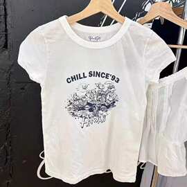 BM风白色恐龙开汽车卡通字母印花短袖T恤女 bm修身圆领正肩上衣夏