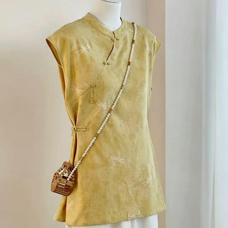 New Chinese-Style Improved Qipao Shirt for Women, 2026 Summer High-End Cotton-Linen Flutter-Sleeve Mid-Length Sleeveless National Style Top New Chinese-Style Improved Qipao Shirt for Women, 2026 Summer High-End Cotton-Linen Flutter-Sleeve Mid-Length Sleeveless National Style Top