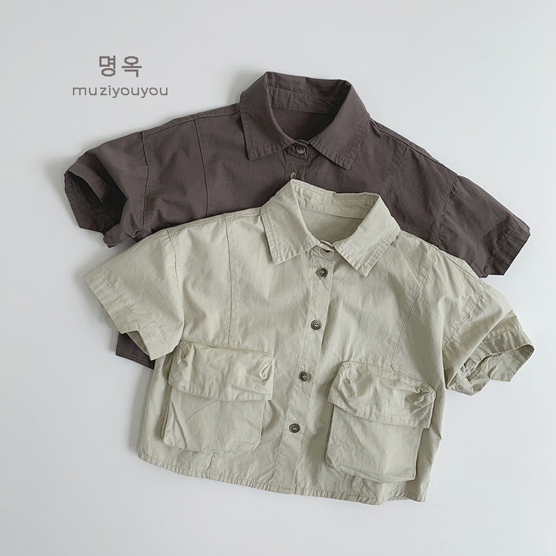 Ropa para niños Camisas de color sólido para niños y niñas 2025 primavera y verano nuevos niños japoneses y coreanos de manga corta de algodón fino ropa de trabajo superior