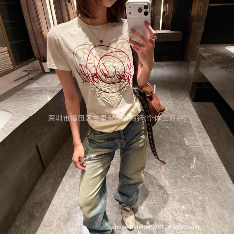 26Ss New Model~ Saturn Foam-Printed Short-Sleeve Top with Front-Short-Back-Long Design and Hand-Painted Graffiti, Slim Fit