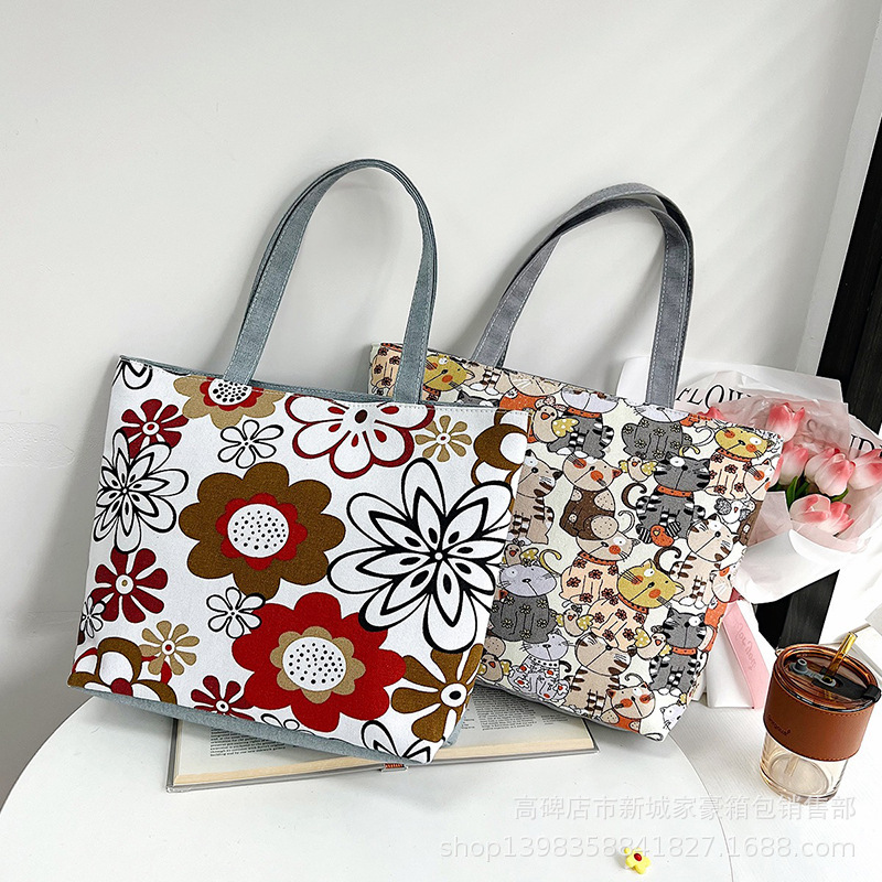 Cross-Border Wholesale Canvas Bag 2023 Satchel Canvas Horizontal Floral Bag Large Capacity Women's Shoulder Bag Shopping Bag for Women