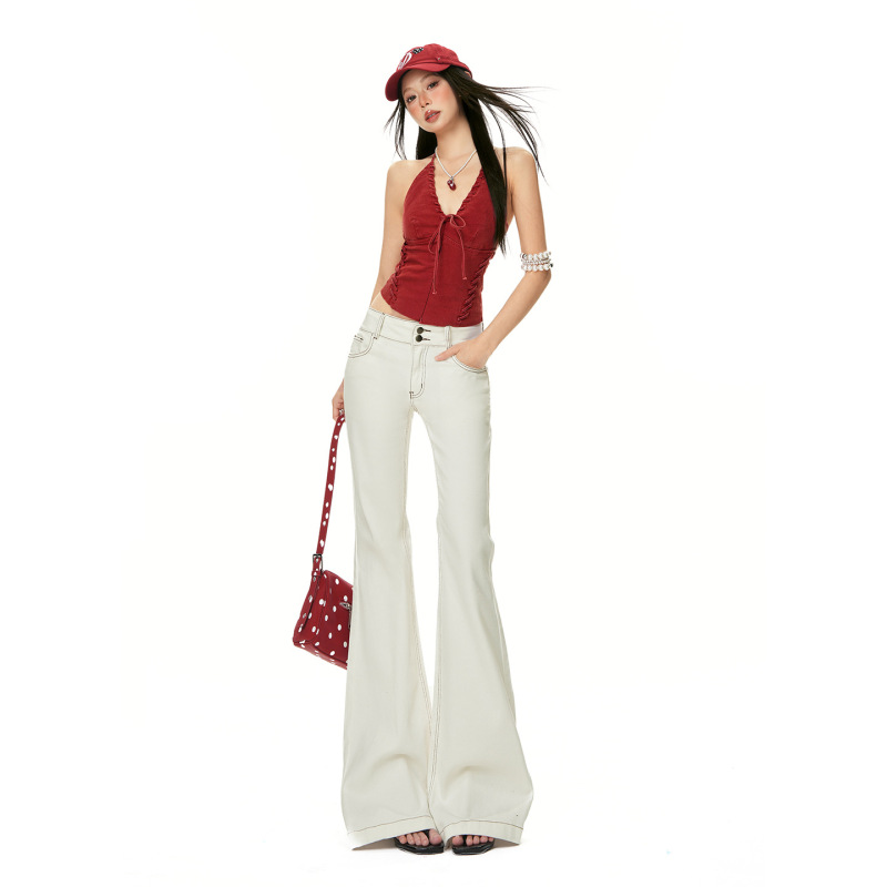 【Jin Yin】Off-White Slim-Fit Double-Button Design Flared Jeans for Women, New Spring Style, Low-Waist Bell-Bottom Pants 【Jin Yin】Off-White Slim-Fit Double-Button Design Flared Jeans for Women, New Spring Style, Low-Waist Bell-Bottom Pants