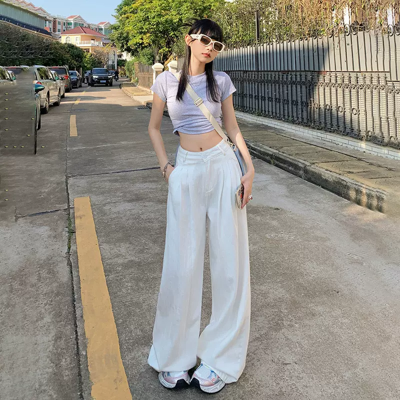 FSH-JEANS美式复古宽松阔腿裤白色垂感透气百搭直筒牛仔裤女&长裤