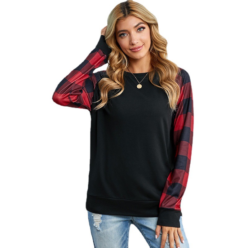 欧美印花圆领上衣女圣帕特里克节日绿色三叶草印花格子长袖卫衣女