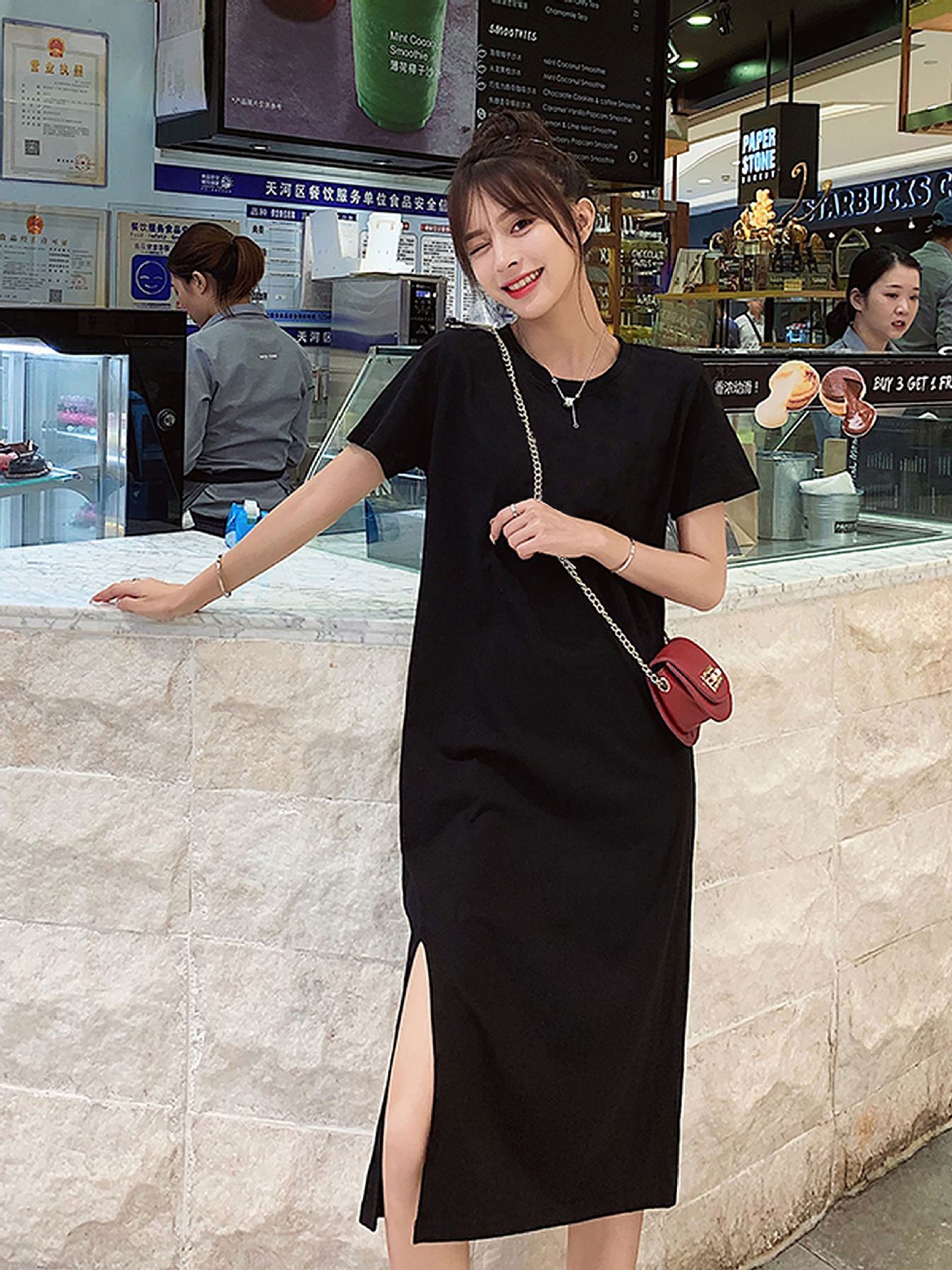 Real Shot of Summer Dress Women's Casual Belly-Covering Large Size Loose Mid-Length Over-The-Knee Bottoming Slit Short-Sleeved T-Skirt
