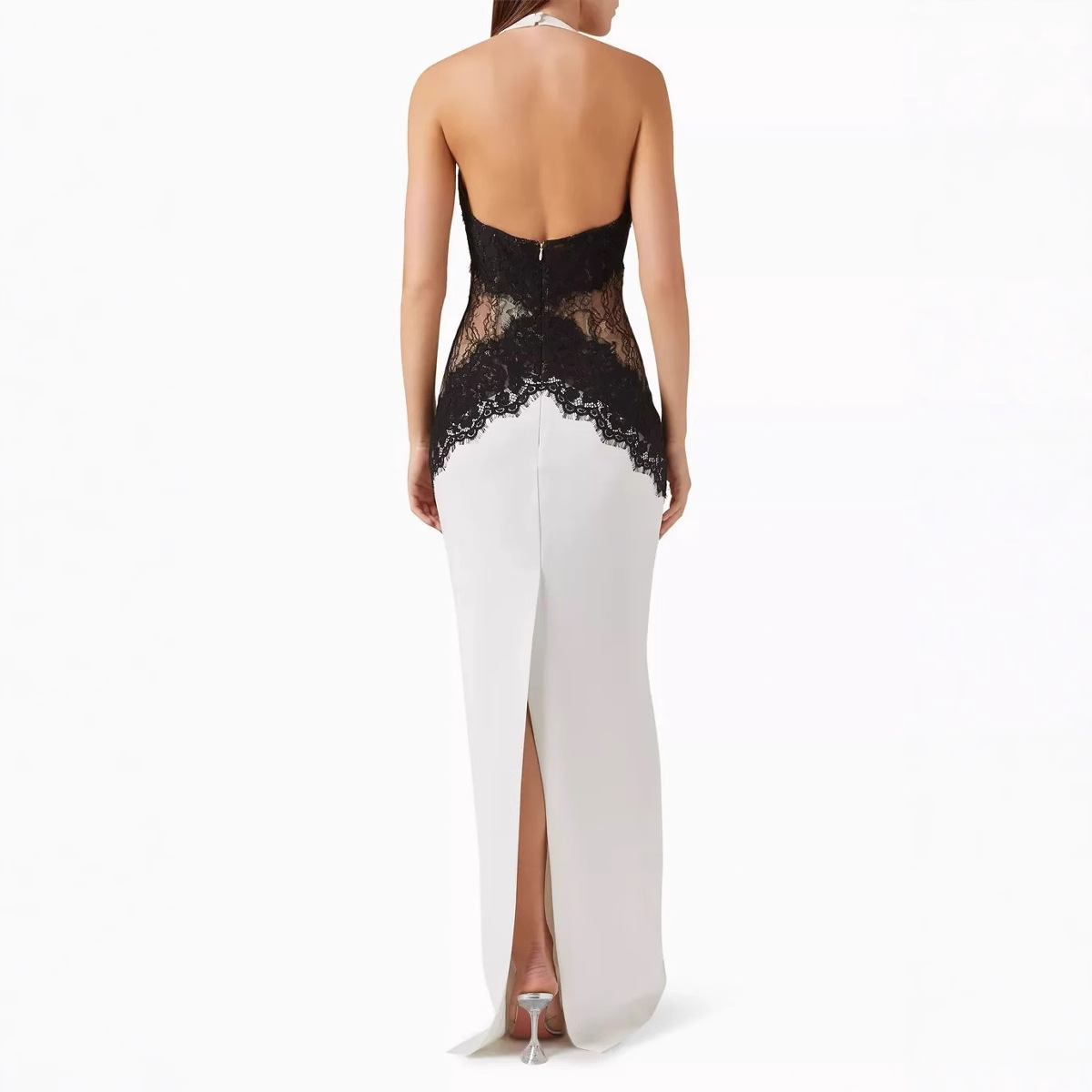 Women's Sexy Lace Panel Hollow Out Halter Backless High Slit Bodycon Maxi Dress – Elegant Summer Gown 2026_ecoleips.com