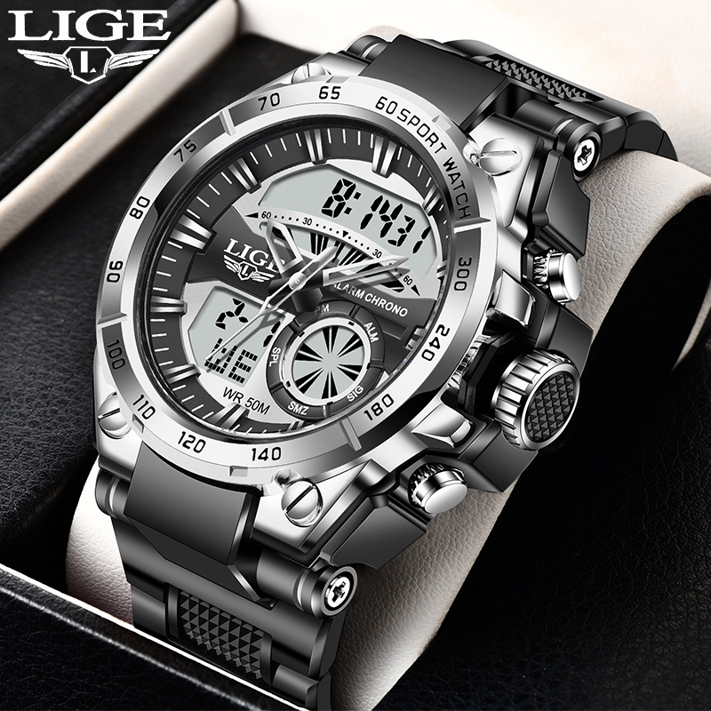 LIGE cross-border electronic dual display watch student watch chronograph alarm clock multifunctional sports waterproof watch