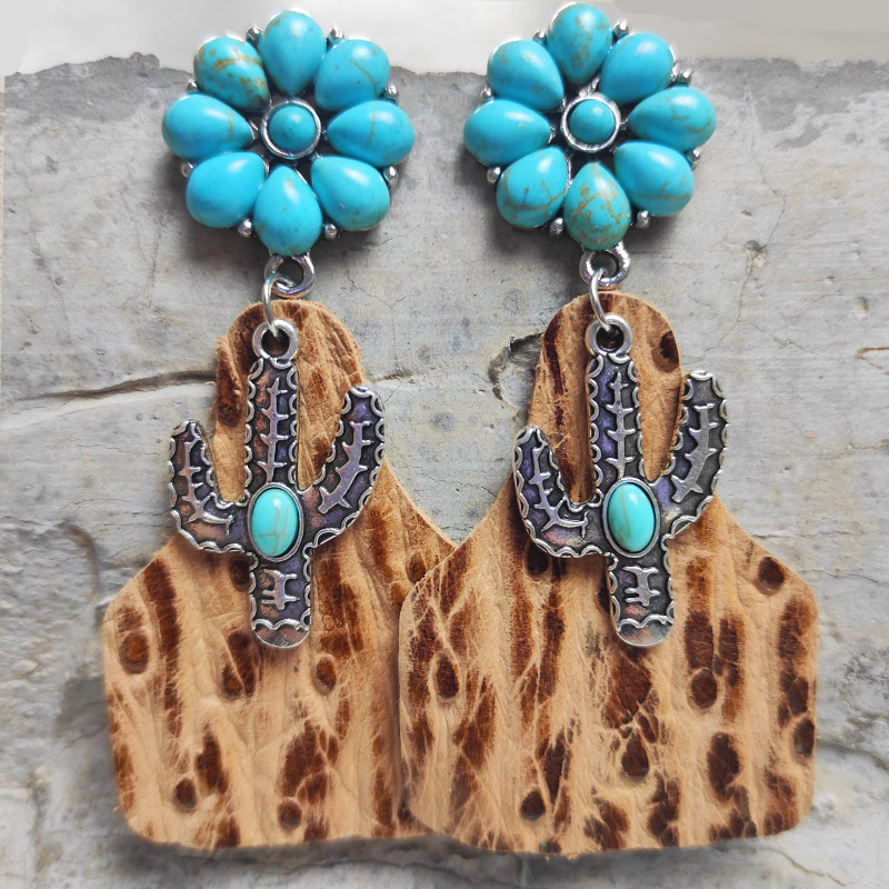 Retro Cactus Flower Pu Leather Alloy Inlay Turquoise Women's Drop Earrings 1 Pair display picture 3