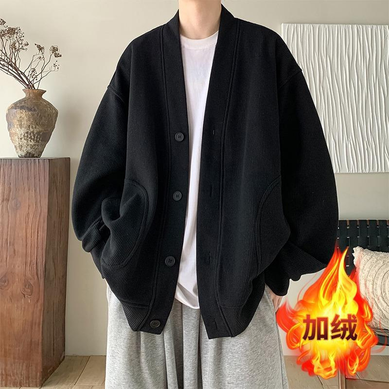 Pure Black Japanese-Style Lazy Cardigan Sweatshirt Men's Jacket Trendy Autumn and Winter Fleece Waffle V-Neck Loose Jacket Men