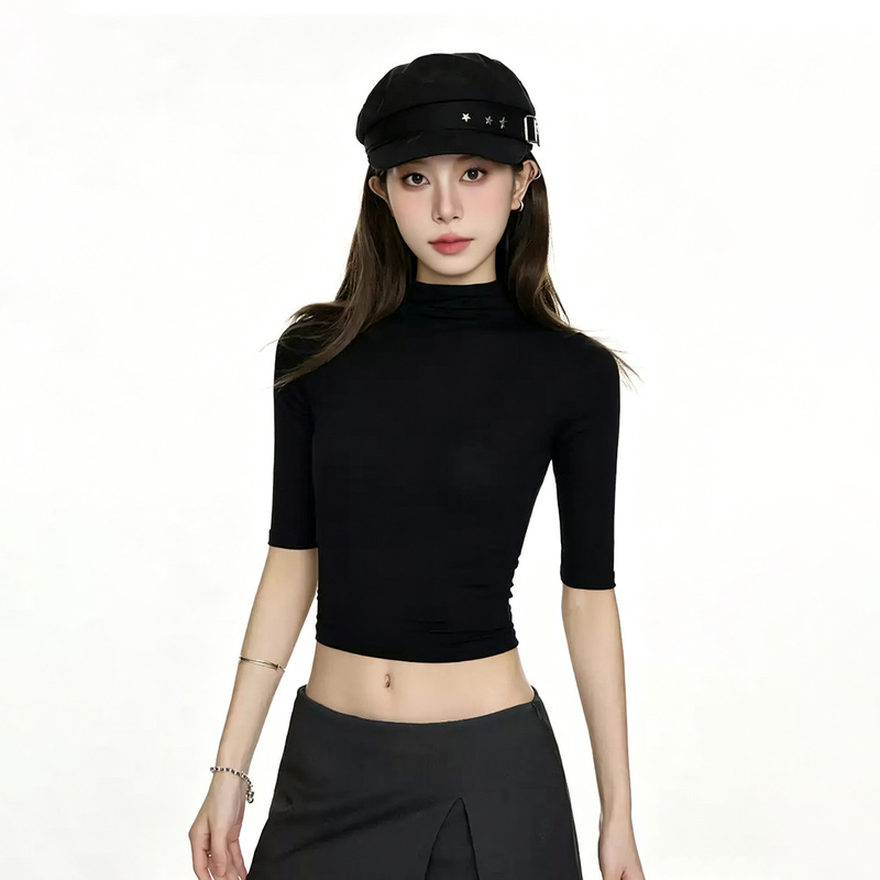 Black Mid-Sleeve T-Shirt for Women with a Small High Collar, Suitable as an Inner Layer, 2026 Autumn New Slim-Fit Slimming T-Shirt, Short Top
