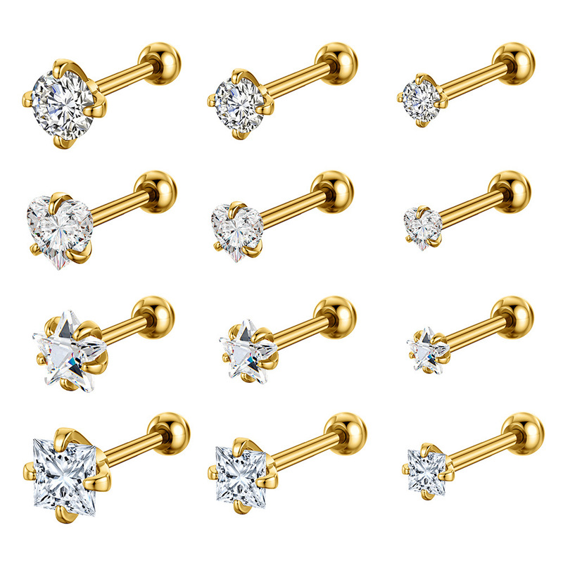 Cross-border 4 pairs of new products stainless steel round heart-shaped five-pointed star square zircon ear bone nail online wholesale
