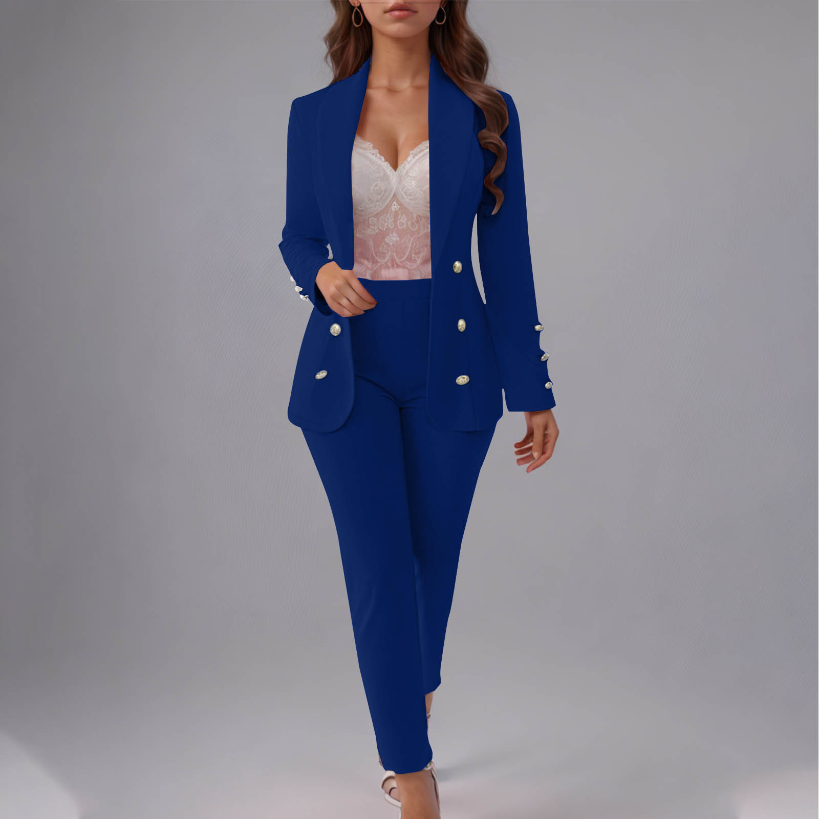 Women's Button-Up Blazer Set – Slim Fit Notch Lapel Suit Jacket & Pants (S-3XL, Poly-Spandex, Wrinkle-Free Office Wear)​_ecoleips.com